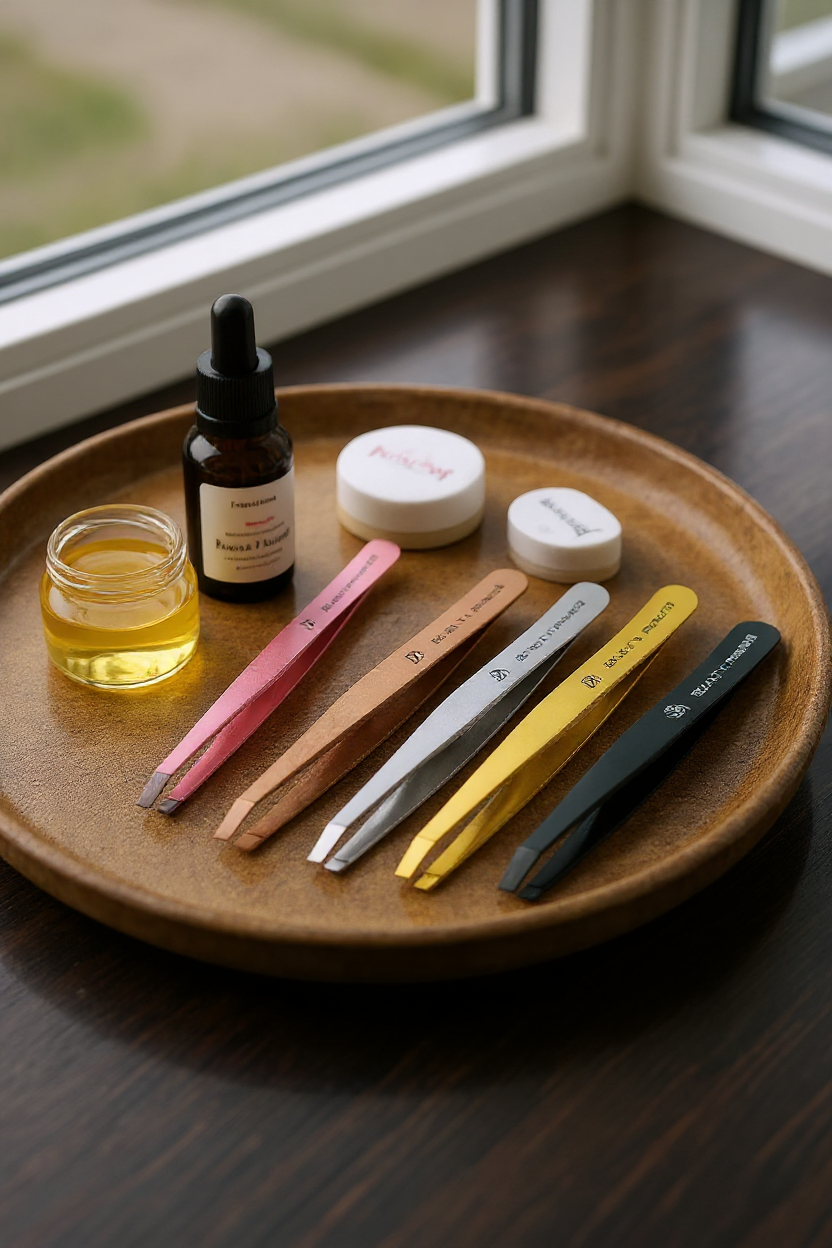 Set of skincare products and tools on a wooden tray by a window