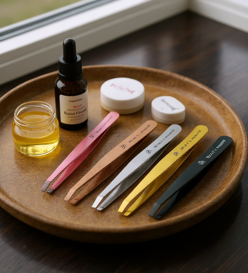 Set of skincare products and tools on a wooden tray by a window