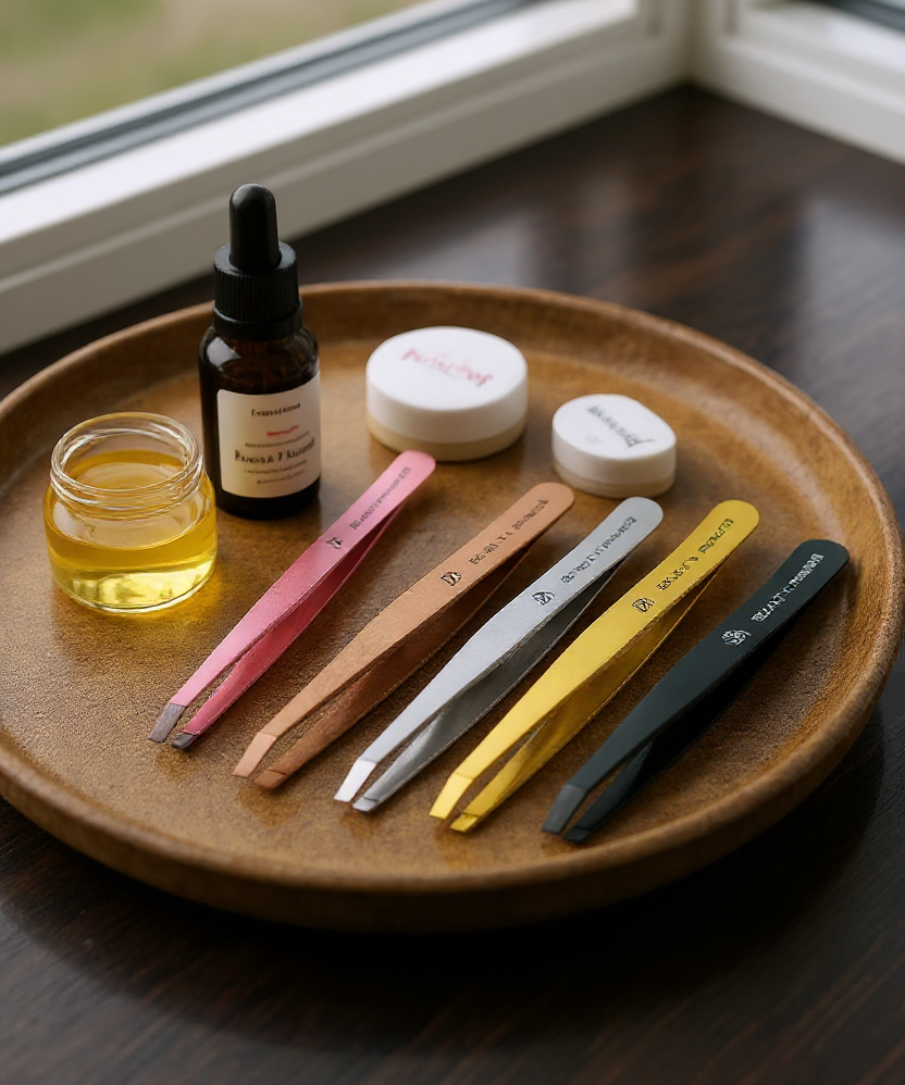 Set of skincare products and tools on a wooden tray by a window